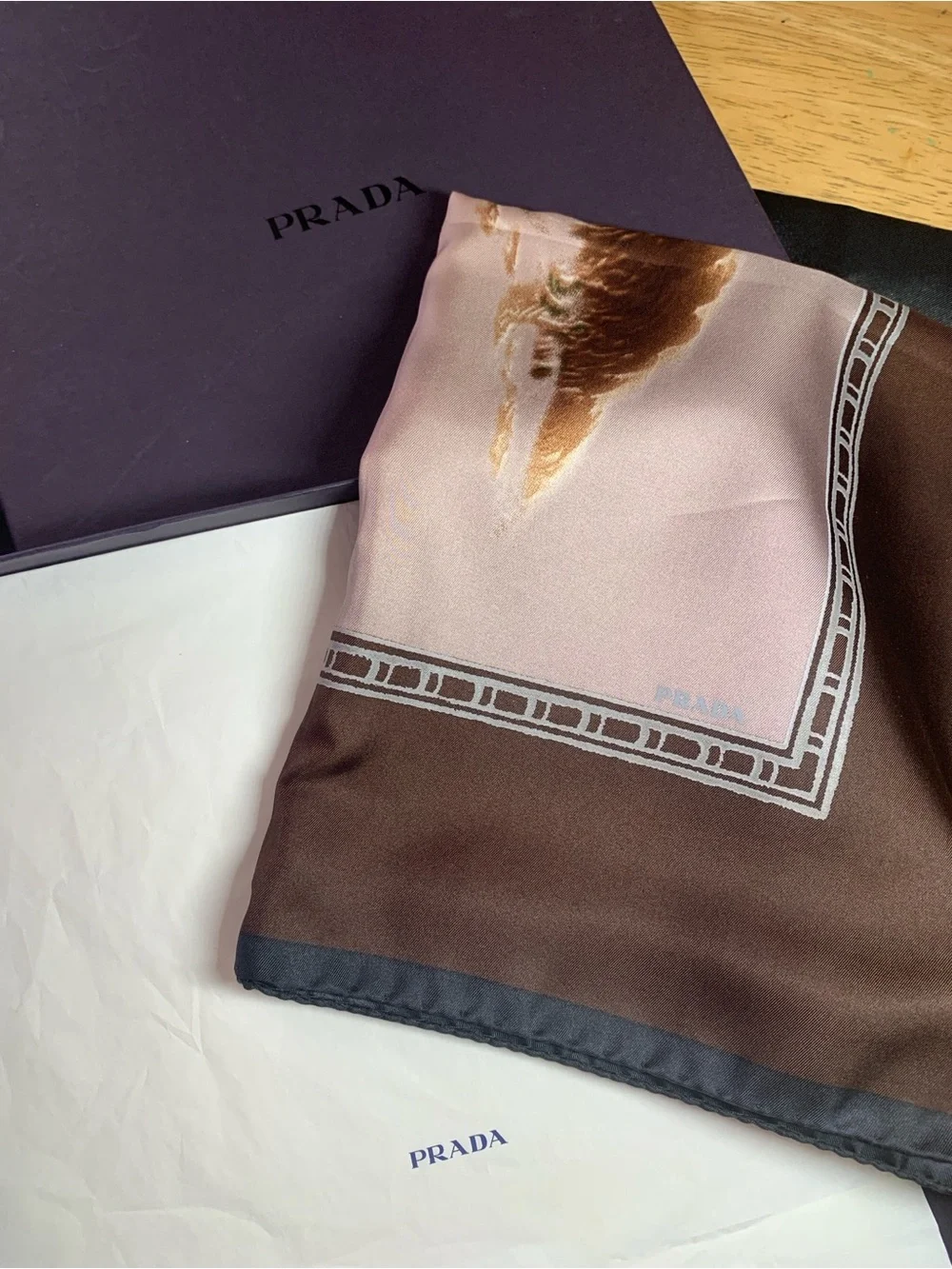 Prada Brown & Beige Silk Scarf with Subtle Motif